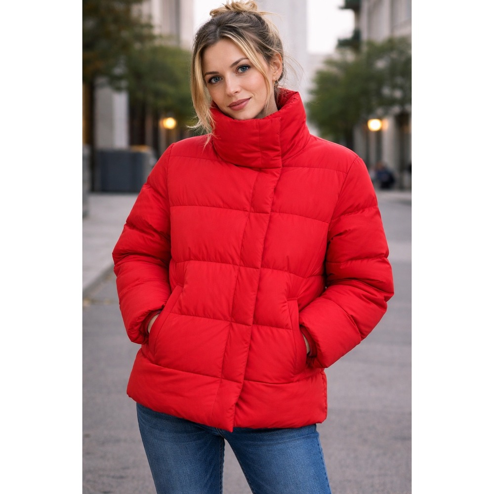 J.Jill Down Puffer Jacket Red High Neck Quilted Coat Womens Small Petite S P